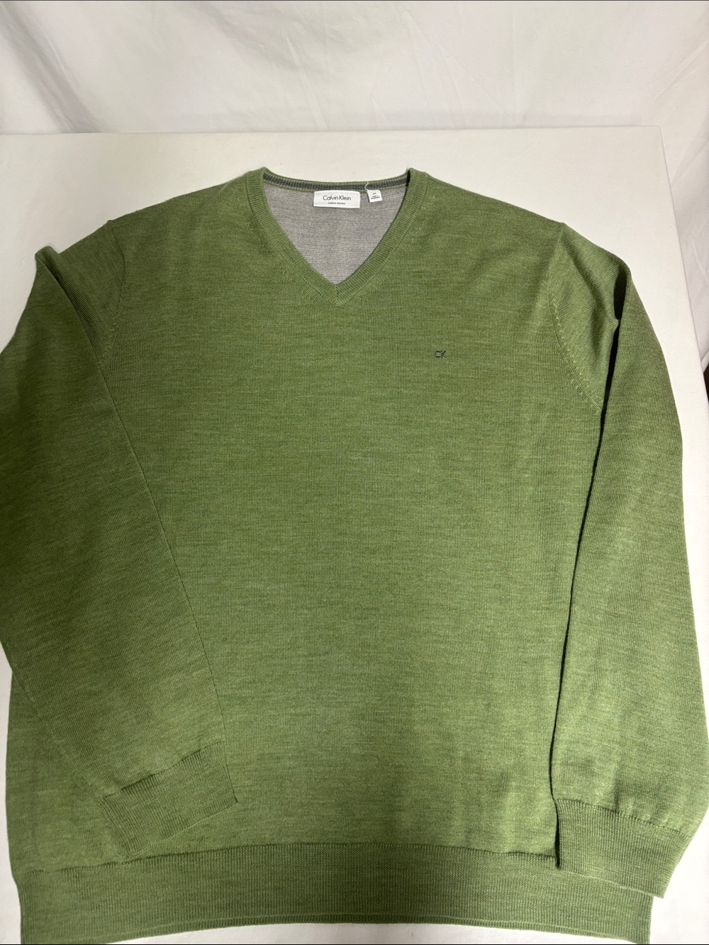 Calvin Klein Italian Merino Wool Sweater Men’s XXL Green V-Neck 100% Wool